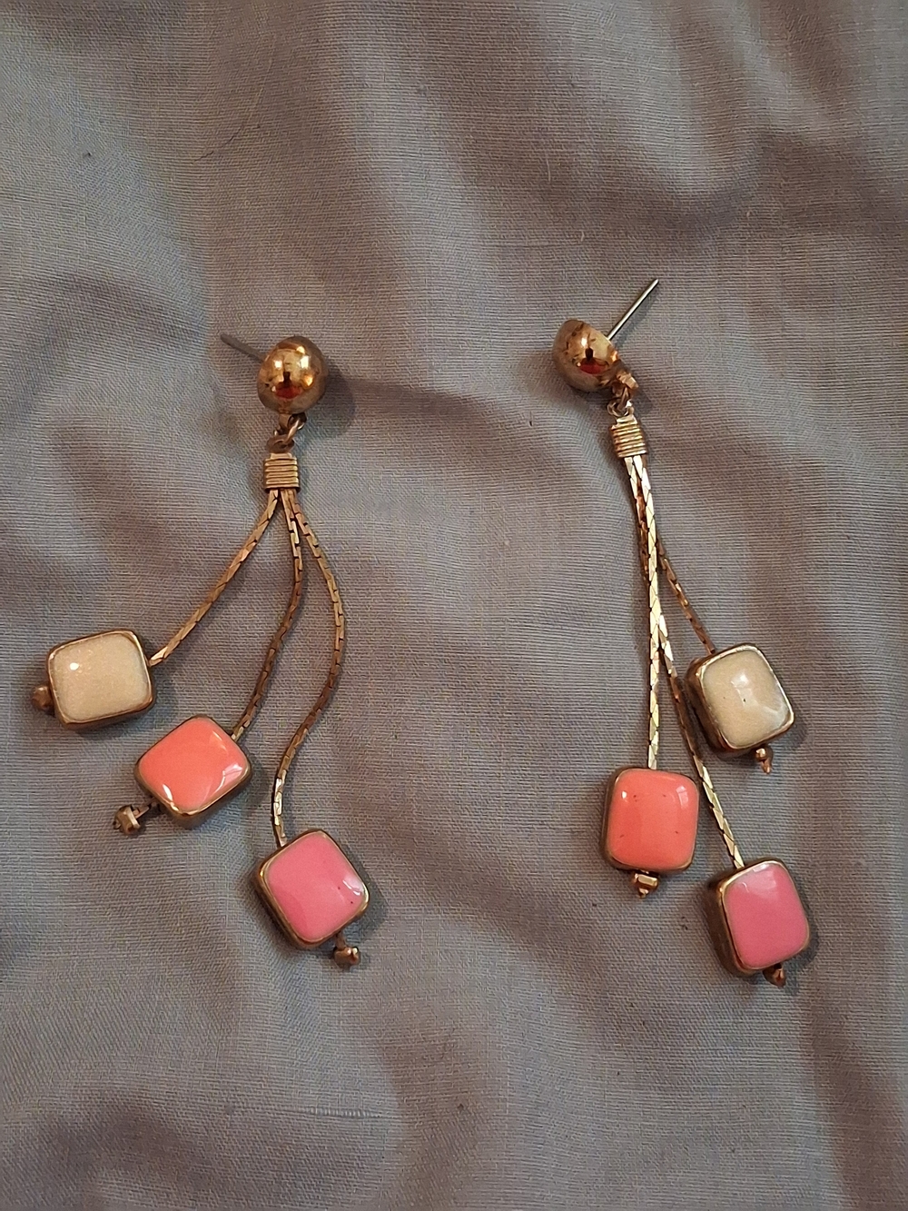 Gold Tone Dangle Earrings with Enamel Cabochons - 1980s